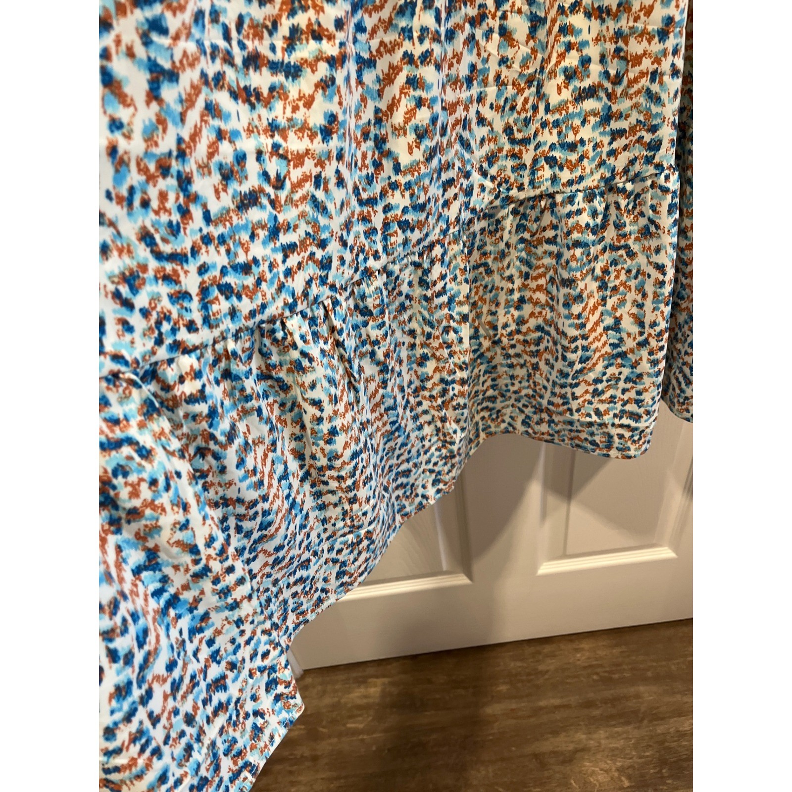PrettyGarden Blue Orange Abstract Print Smocked Tiered Midi Dress Long Sleeve L