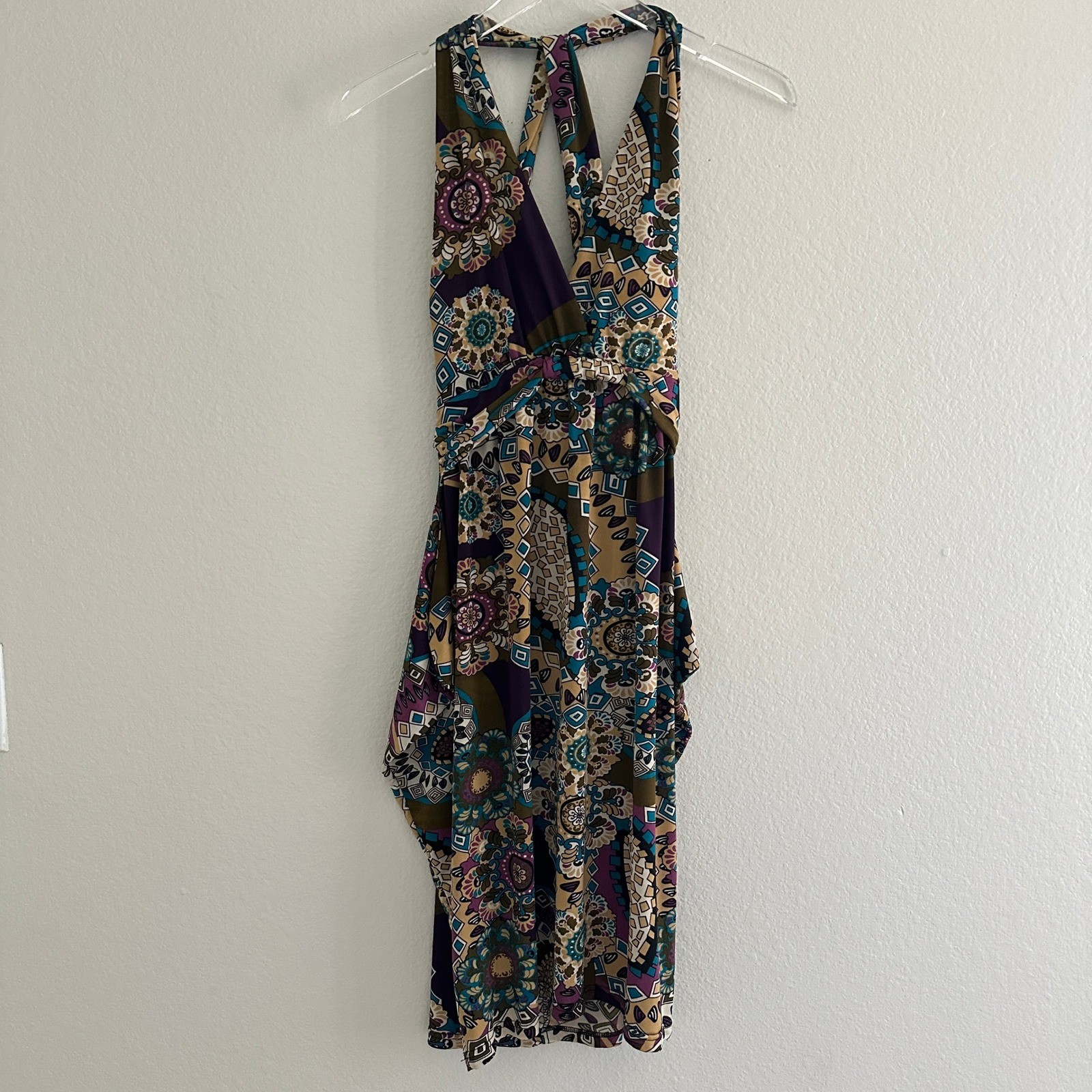 Halter Midi Dress Womens Medium Multi Color Boho Geometric Open Back Jersey Knit