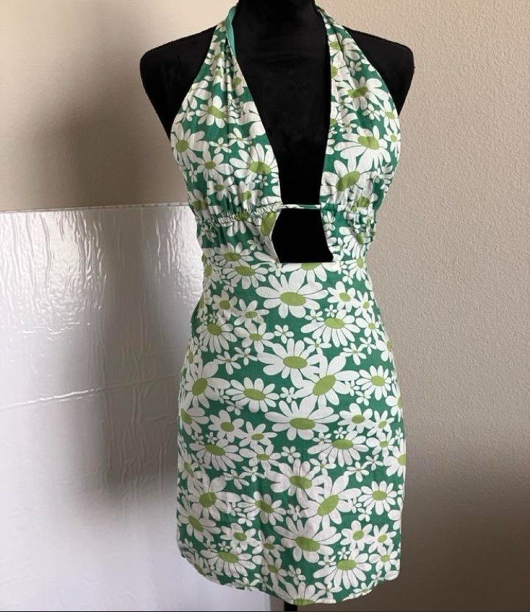 Green/White Floral Halter Mini Bodycon Dress Open Back Cut Out Tie Sleeveless S