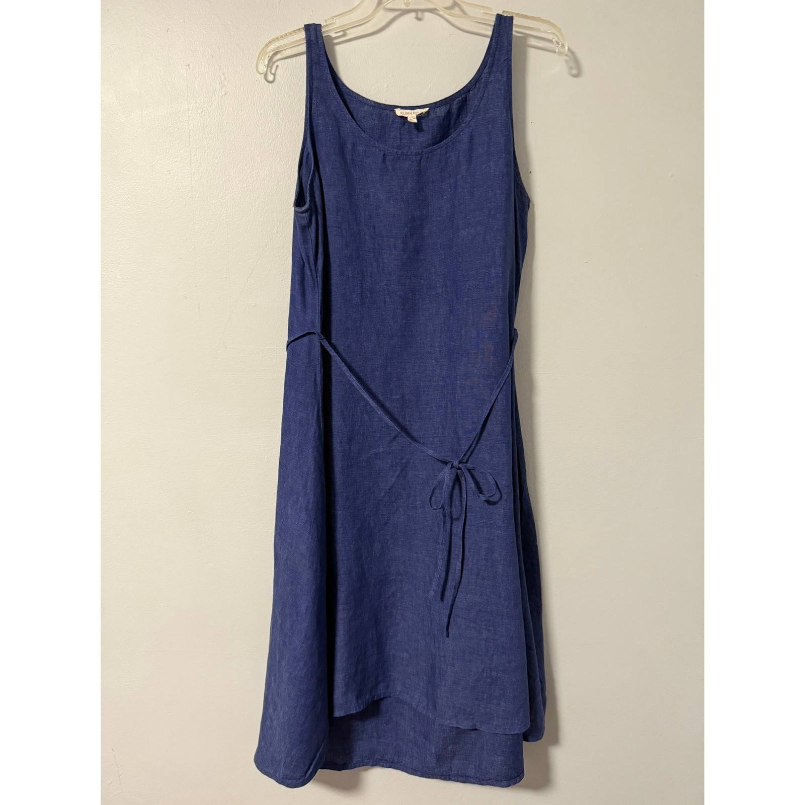 Eileen Fisher Blue 100% Linen Sleeveless Tie Waist High Low Midi Dress Medium