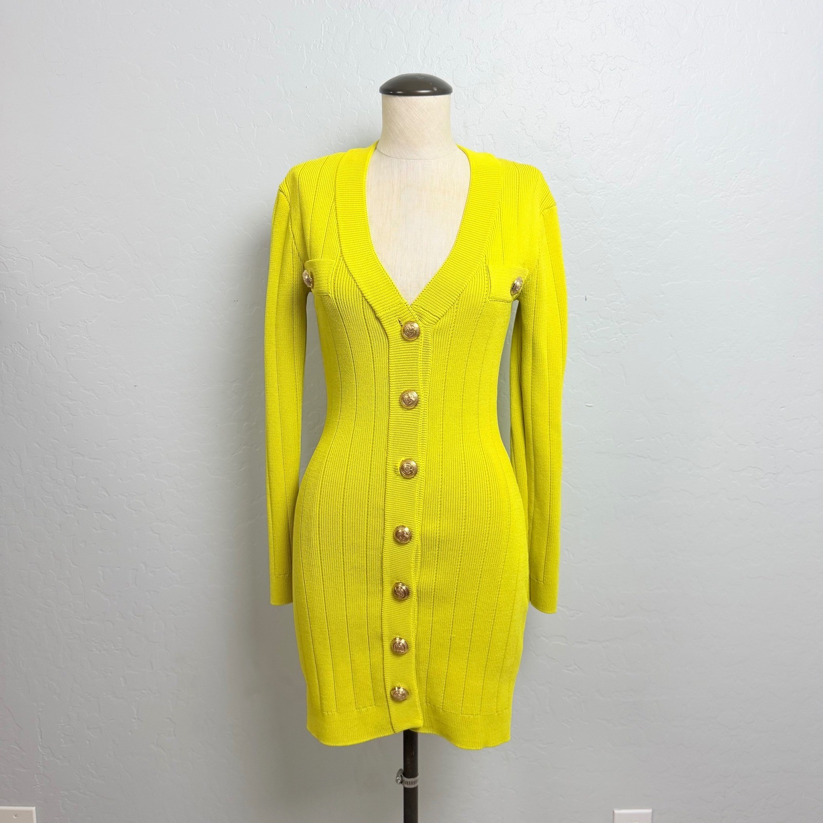 Endless Rose Lime Yellow Ribbed Knit Button Down Mini Dress Gold Crest Button XS