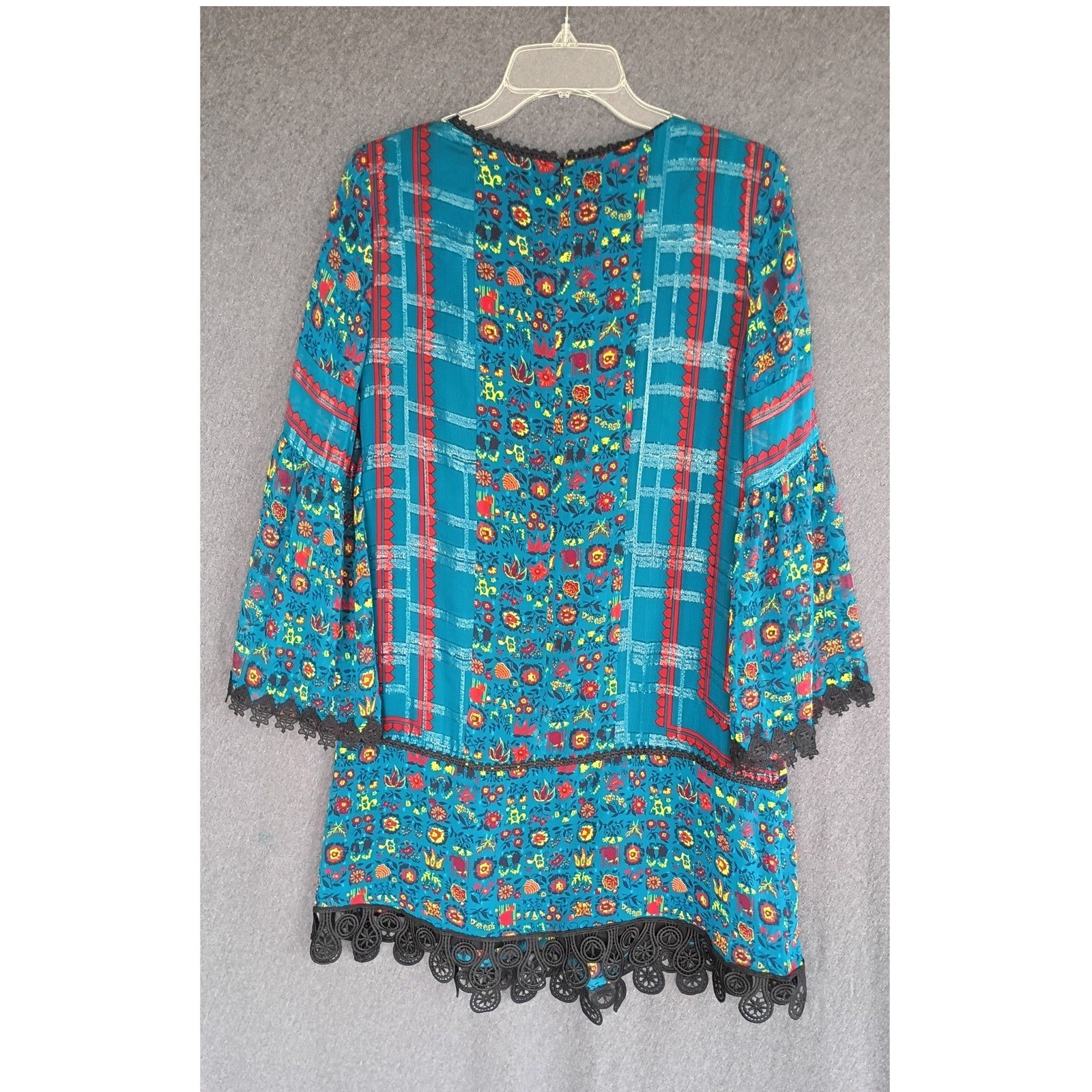 Anna Sui Teal Blue Boho Floral Crochet Lace Bell Sleeve Dress S Silk Details