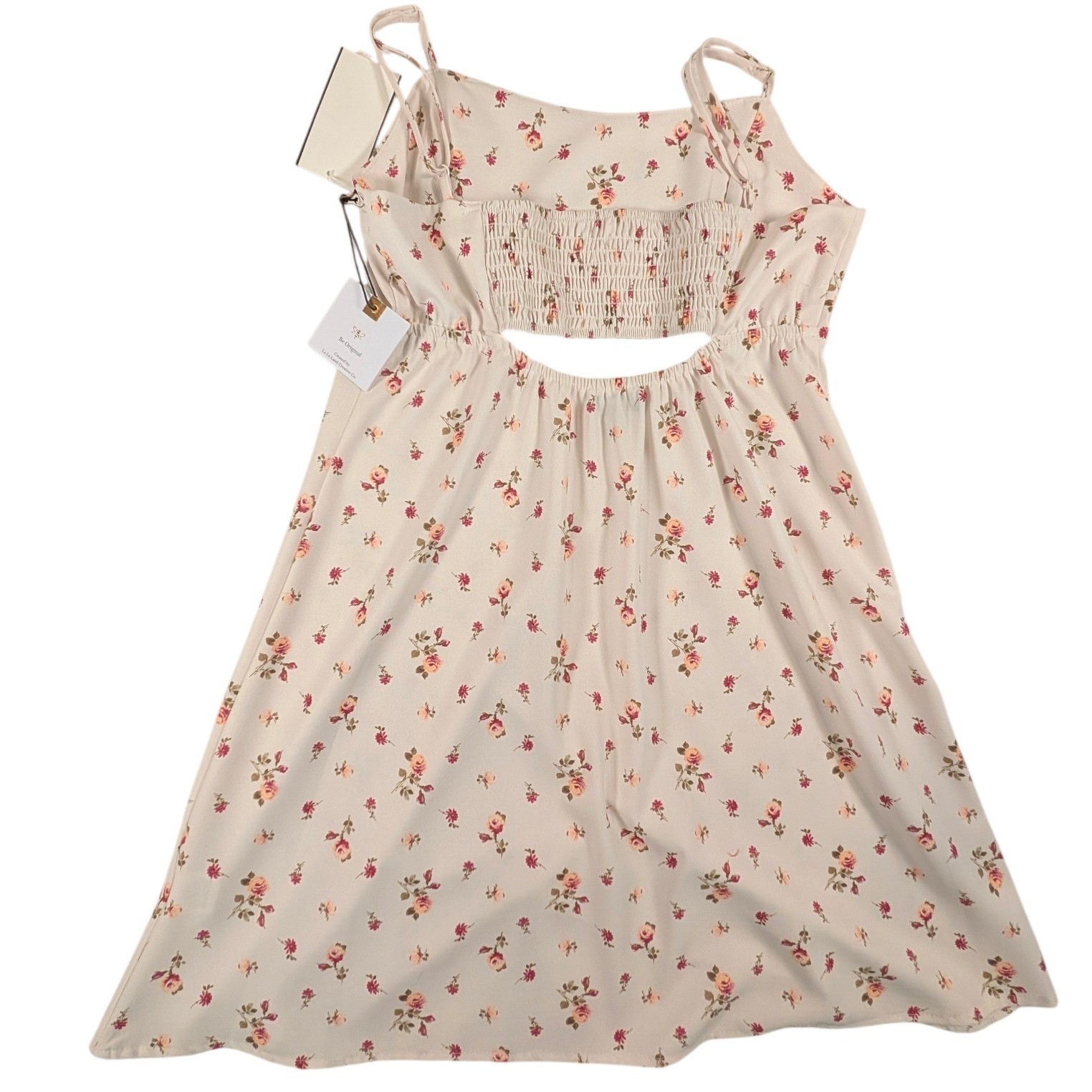 Originality Floral Cutout Back Mini Dress Cream Pink Rose Print Small Peasant