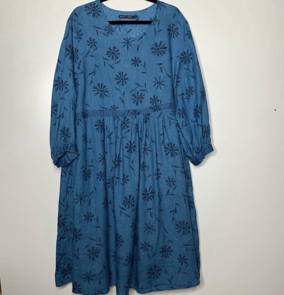 Gudrun Sjödén Leia Midi Dress 100% Linen Blue Floral Daisy Print Women’s Size XL