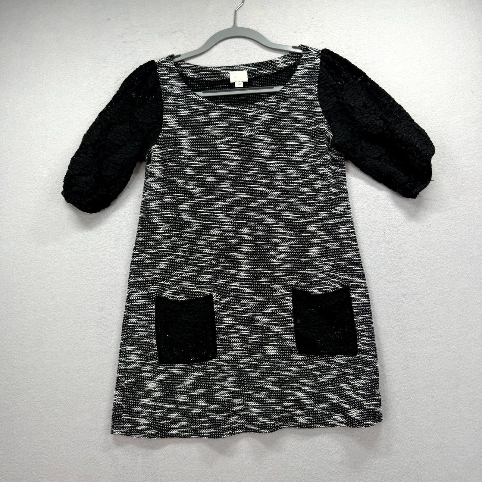 9-HI5 StCL Textured Shift Dress Womens Small Black Space Dye Lace Sleeve Knitted