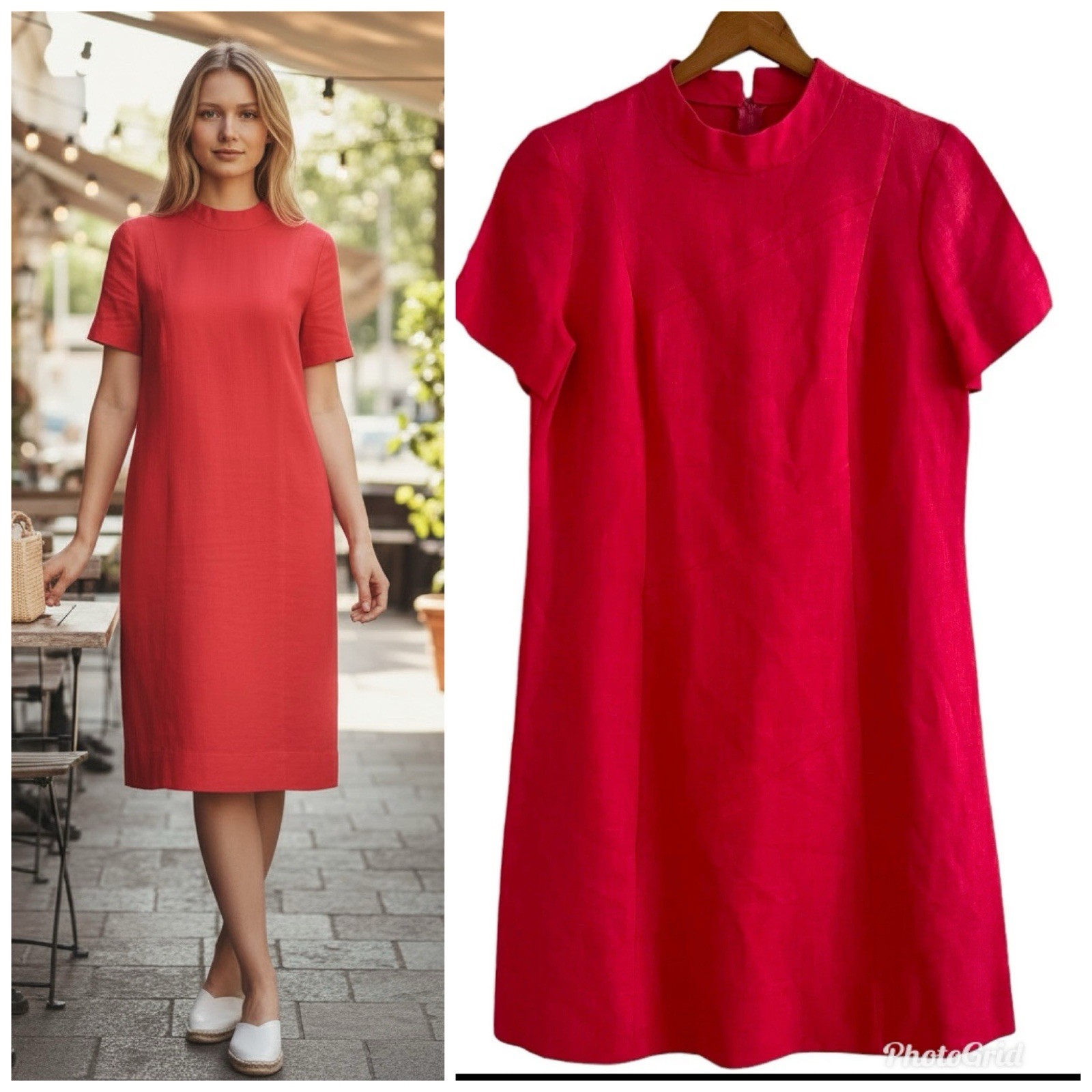 Vintage Arthur Linen Shift Dress M Red Ireland Classic Minimalist Irish 60s