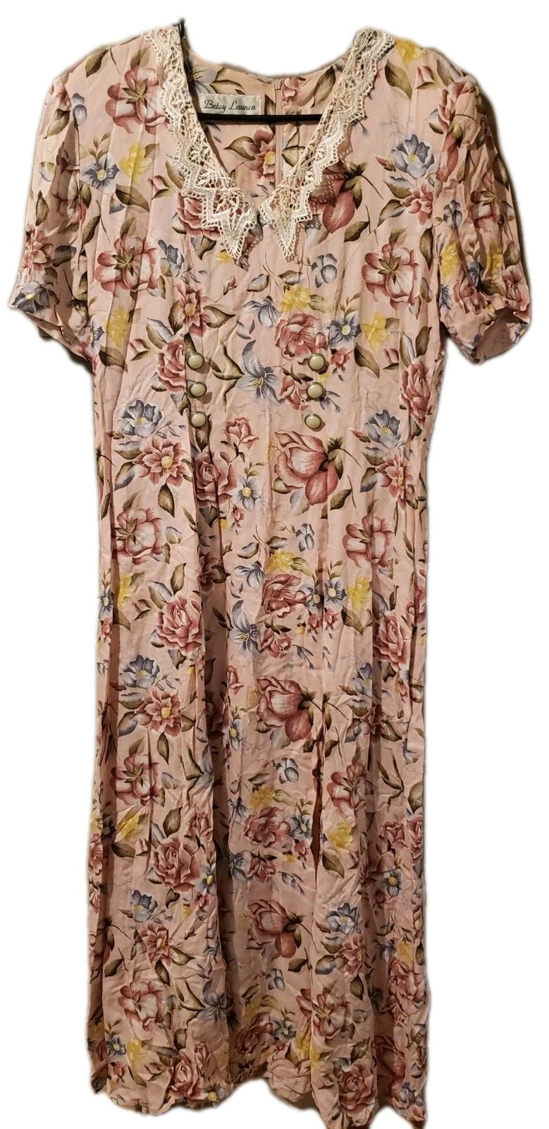 Vintage Betsy Lauren Lace Lined Dress Pink Floral Flowers Cottagecore