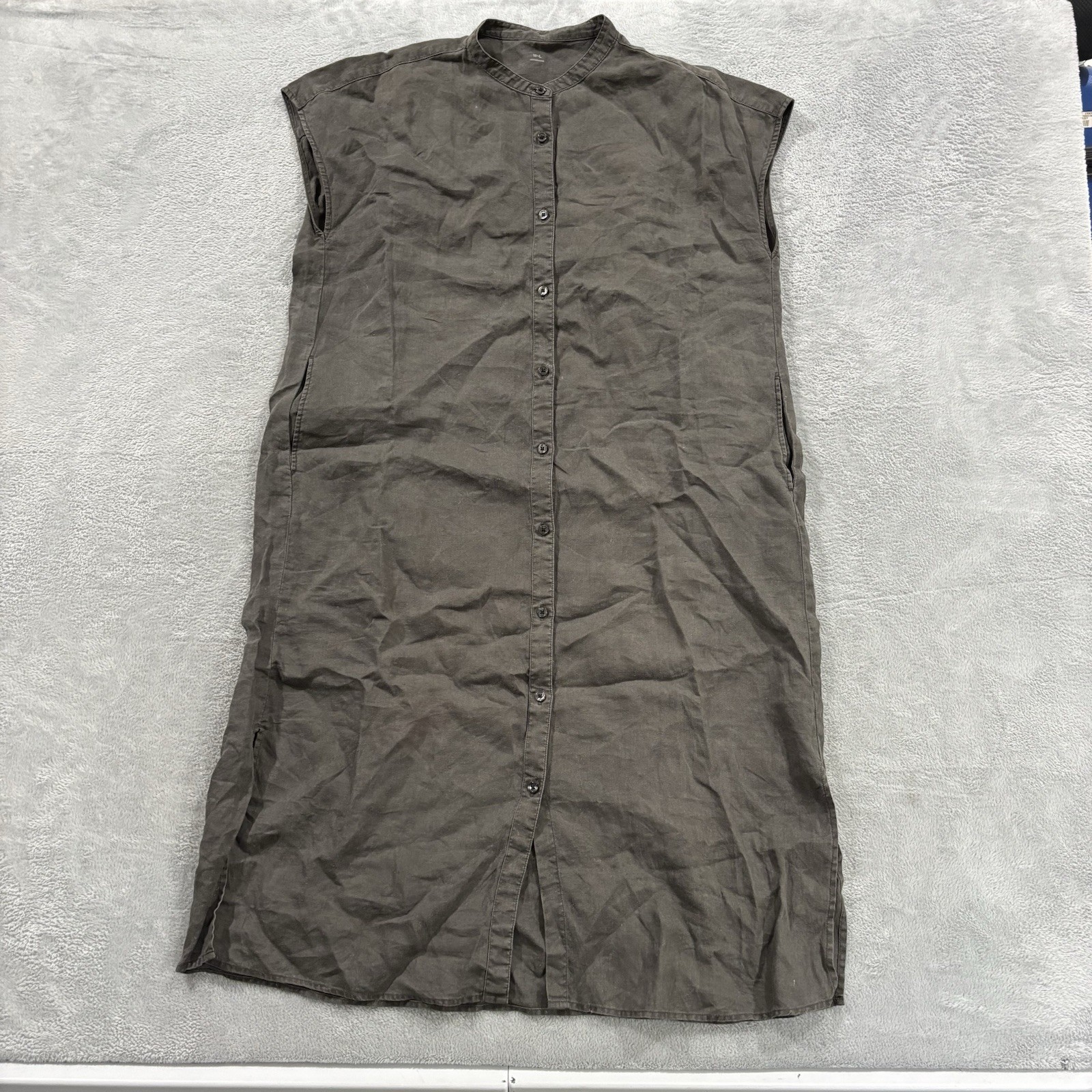 Muji Linen Dress Women M L Sleeveless Boho Lagenlook Pockets Minimalist Brown