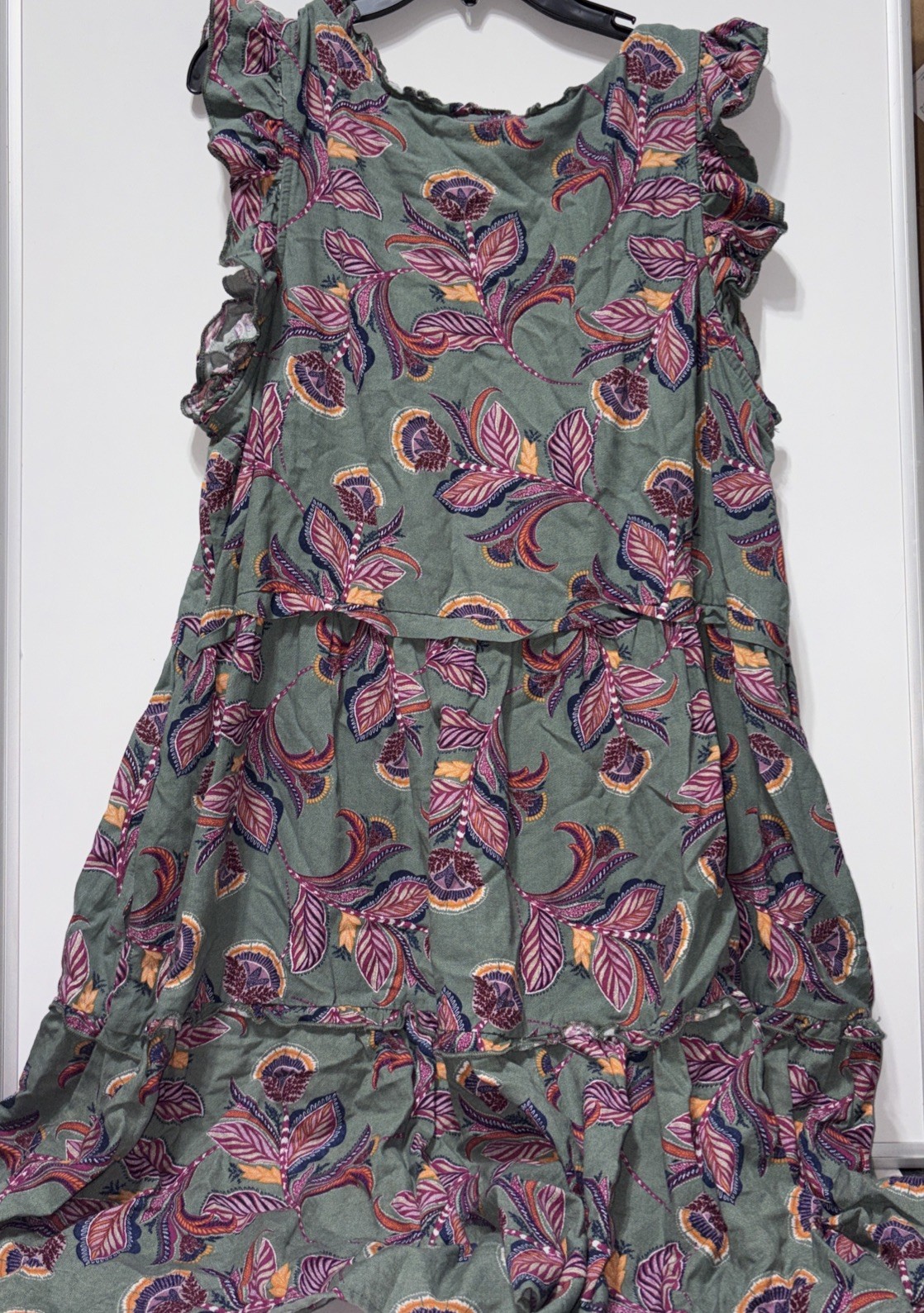 St. John’s Bay Floral Tiered Dress L Green Ruffle Sleeve Linen Blend W/ Pockets!