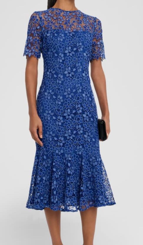 Shoshanna Women Blue Lined Poppi Floral Lace Flounce Mermaid Midi Dress Size 10