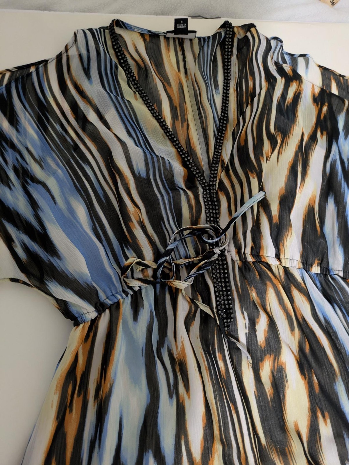 Allen B. by Allen Schwartz Dress Womens 8 Blue Ikat Maxi V Neck Boho Beaded Trim