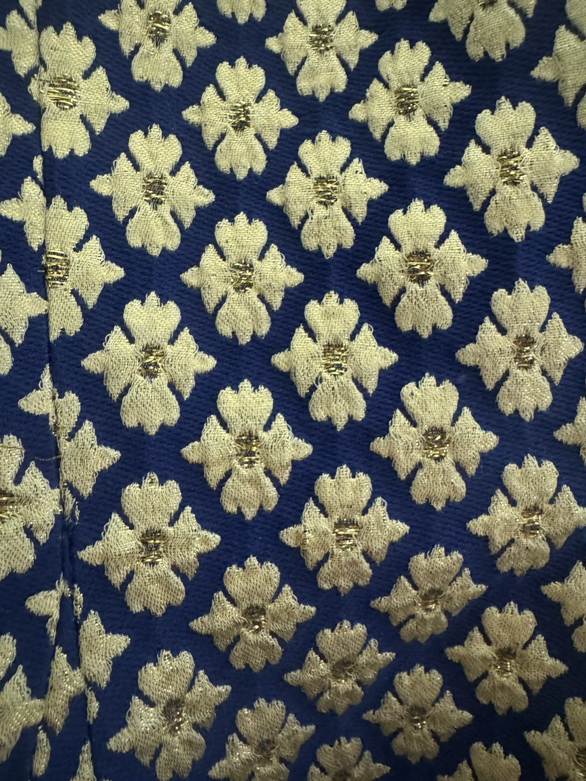 Minuet Blue Gold White Jacquard Floral A-Line Dress L Sleeveless V-Neck Knee