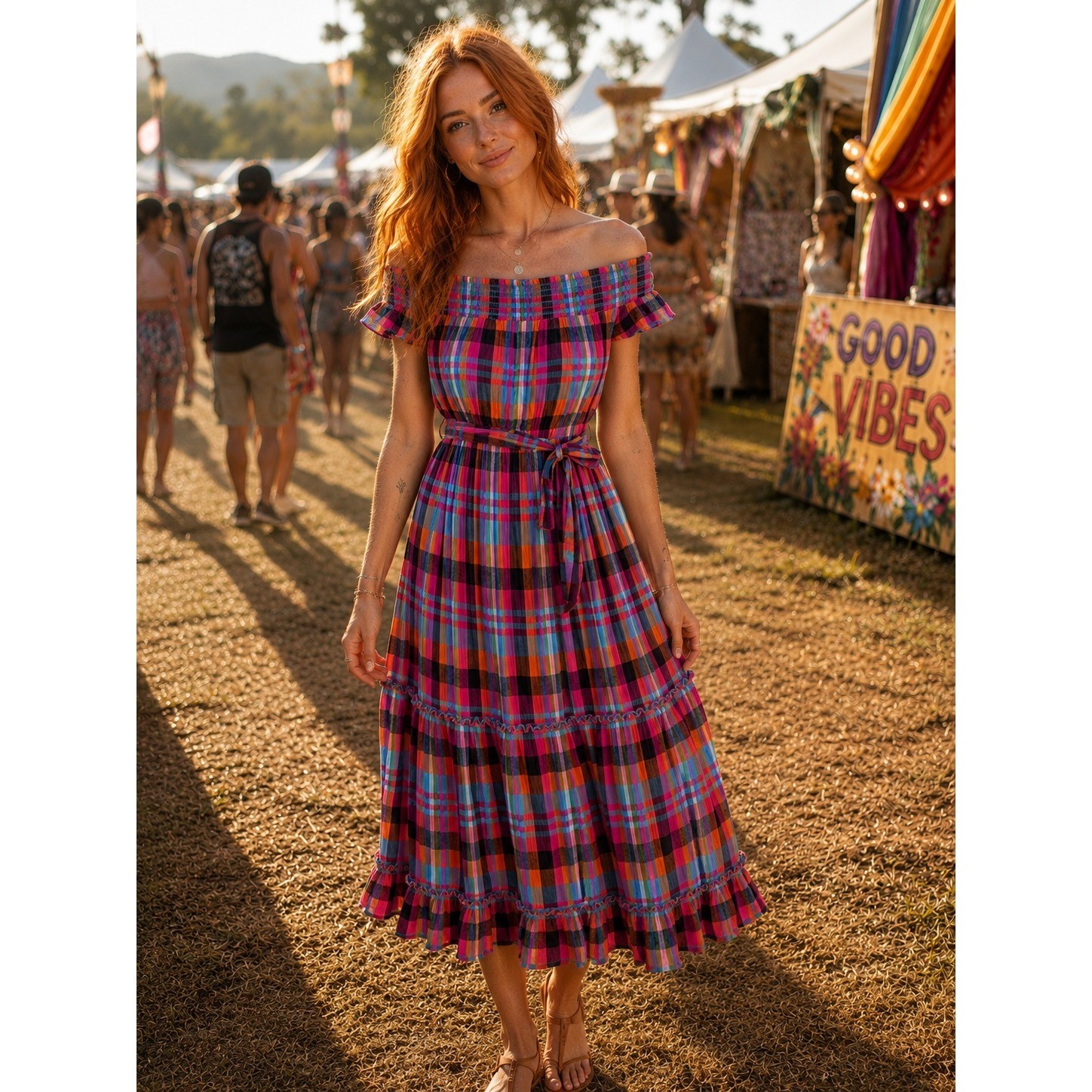 Whimsigoth Festival Plaid Midi Dress Smocked Off Shoulder Multicolor XS