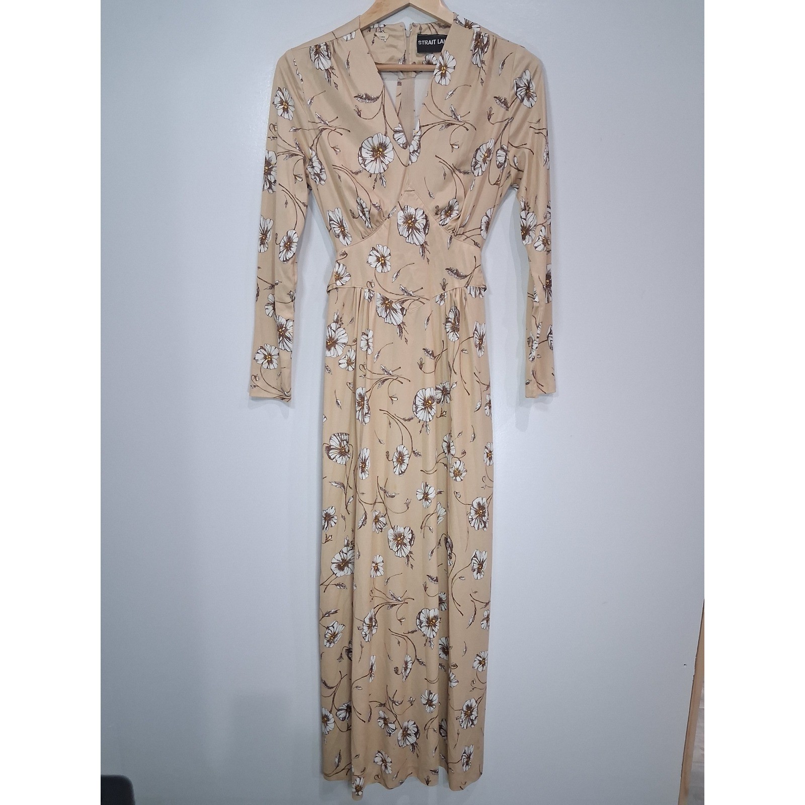 Vintage 70’s Strait Lane Tan Floral Long Sleeve Empire Waist Maxi Dress Women S