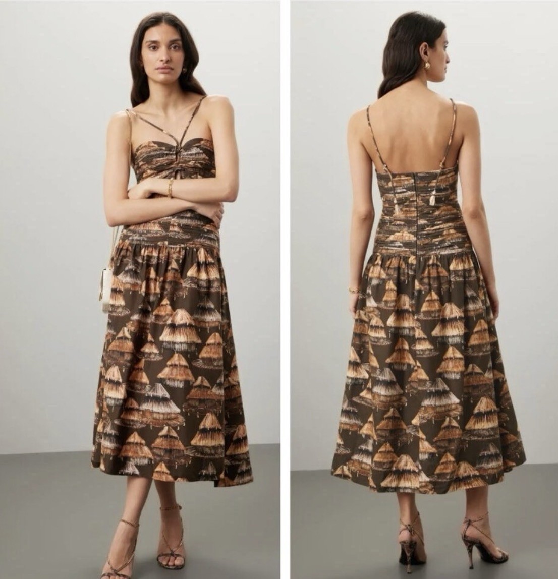 FARM Rio Shuhu Halter – Brown and Tan Printed Midi Dress