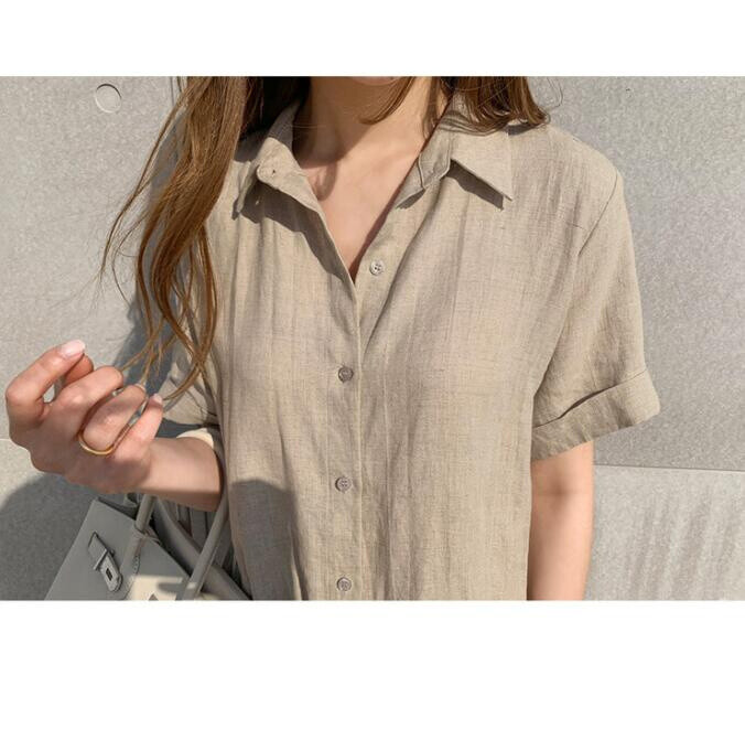 Lady Summer Casual Button-Down Shirt Dress Cotton Linen Long Tunic Beach Kaftan