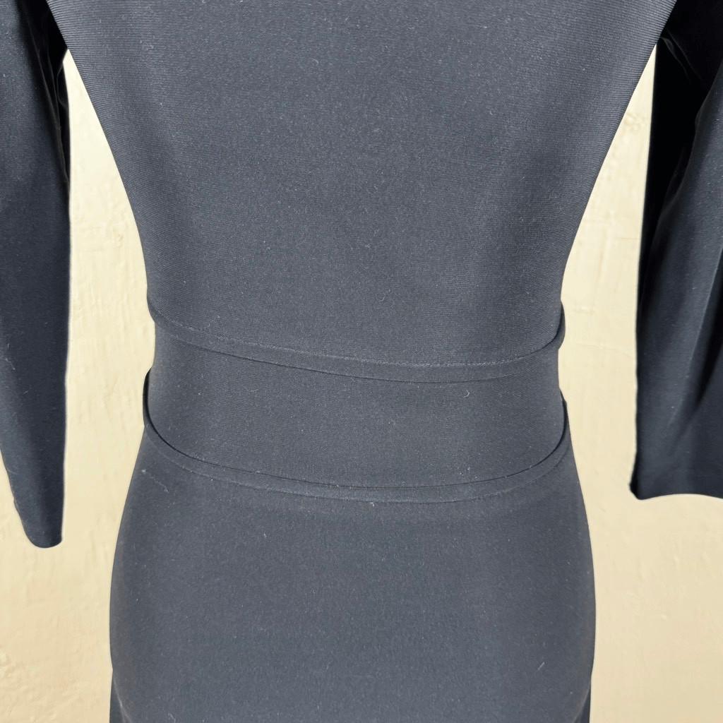 Leona Edmiston Frocks Black V-Neck Midi Dress | Structured Bodice | Wide Waistba