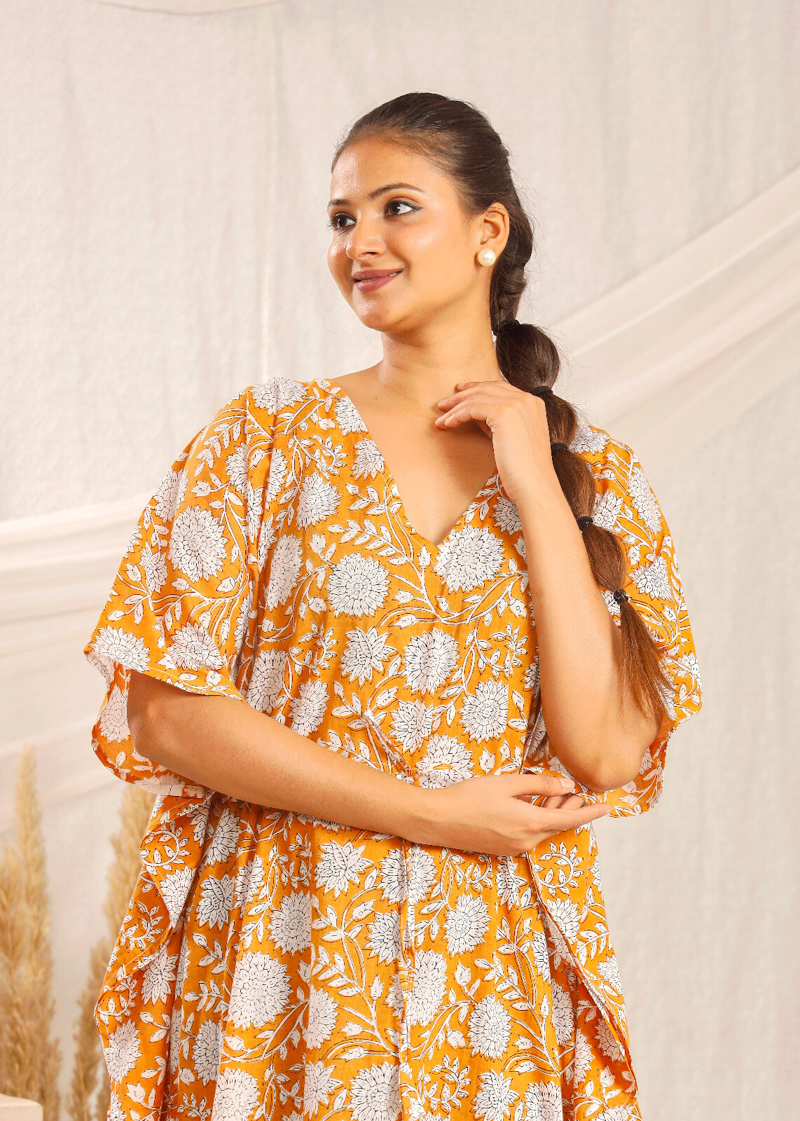 Beautiful white and orange color flower print kaftan modern kaftan dress
