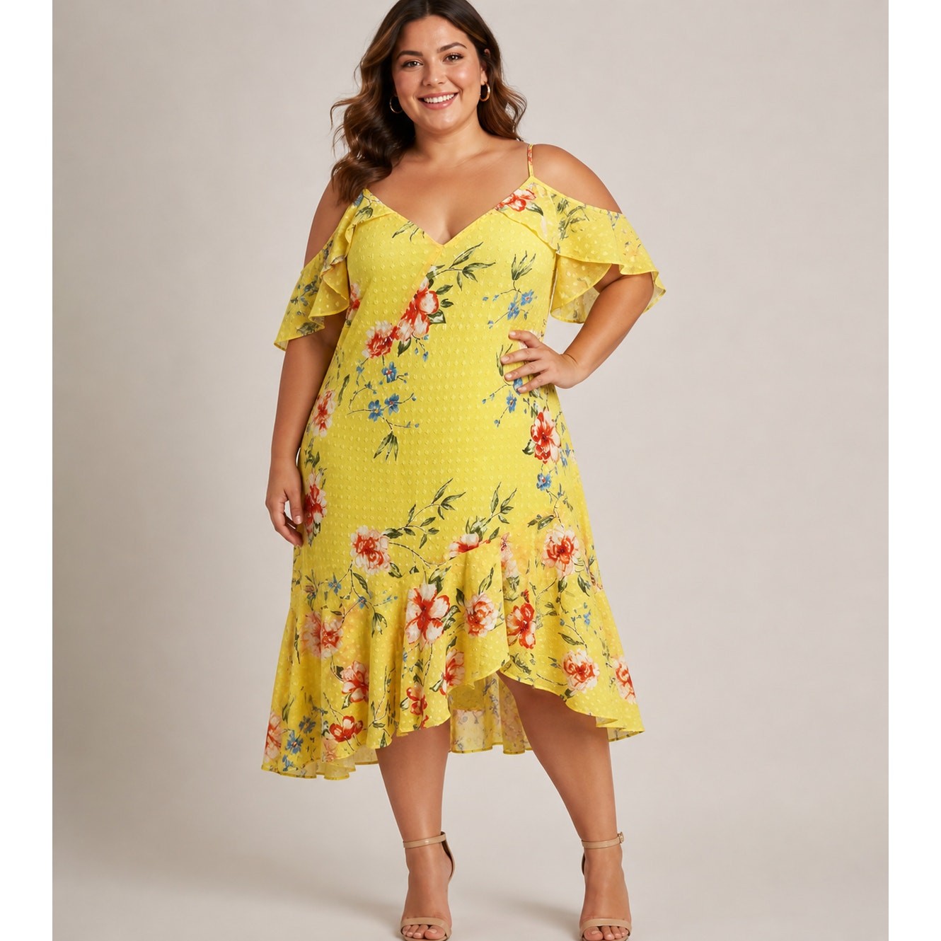 Le Chateau Dress Yellow Floral Midi Ruffel Flutter Sleeve SZXXL Spring Wedding