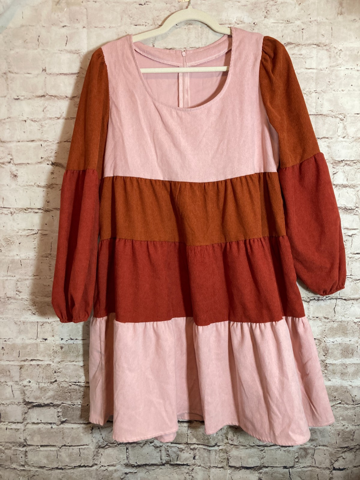 Sunrise Babydoll Dress Womens Medium Micro Corduroy Rust Colorblock Tiered Boho