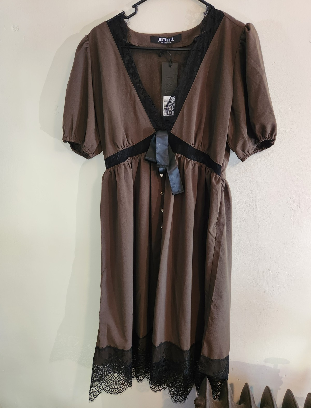 Disturbia Olive Green/Black Lace Trim Goth V-Neck Puff Sleeve Midi Dress US 8
