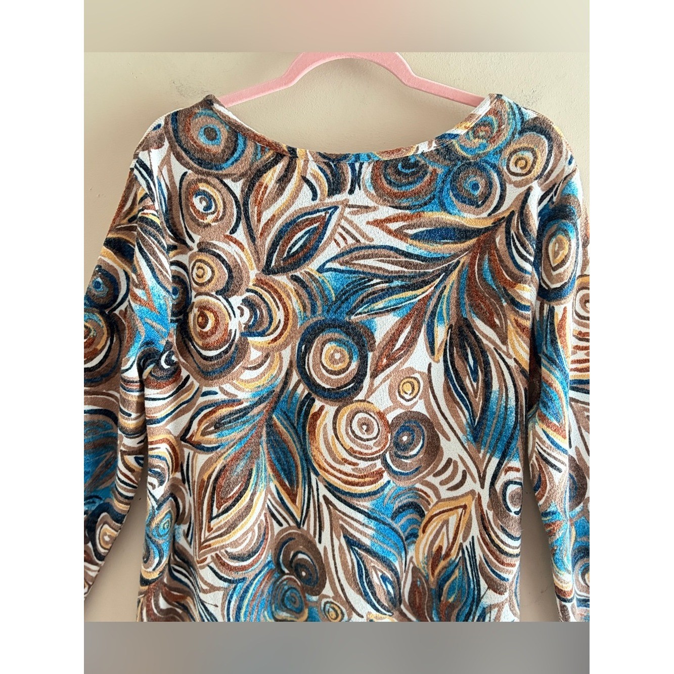 ARYEH 60s/70s Inspired Boho Abstract Floral Print Long-Sleeve Knit Shift Dress