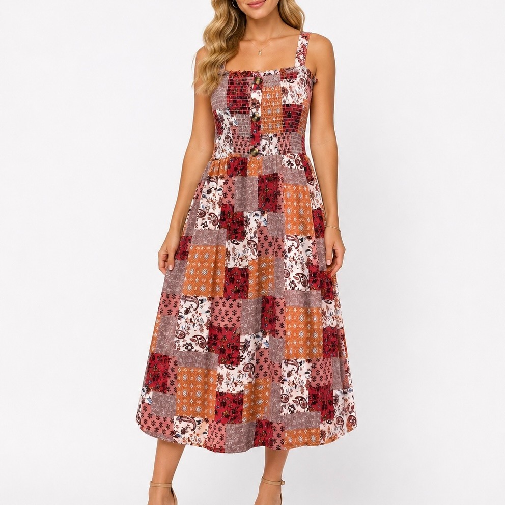 Liberty Love M Pink Patchwork Midi Dress Smocked Rayon Festival Boho Chic Party