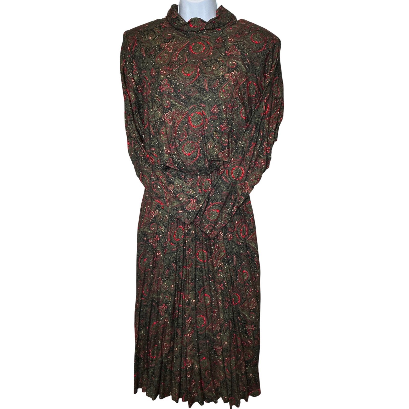 Vintage Womens Burgundy Paisley Midi Dress Est. Sz L Long Sleeve Victorian Regal