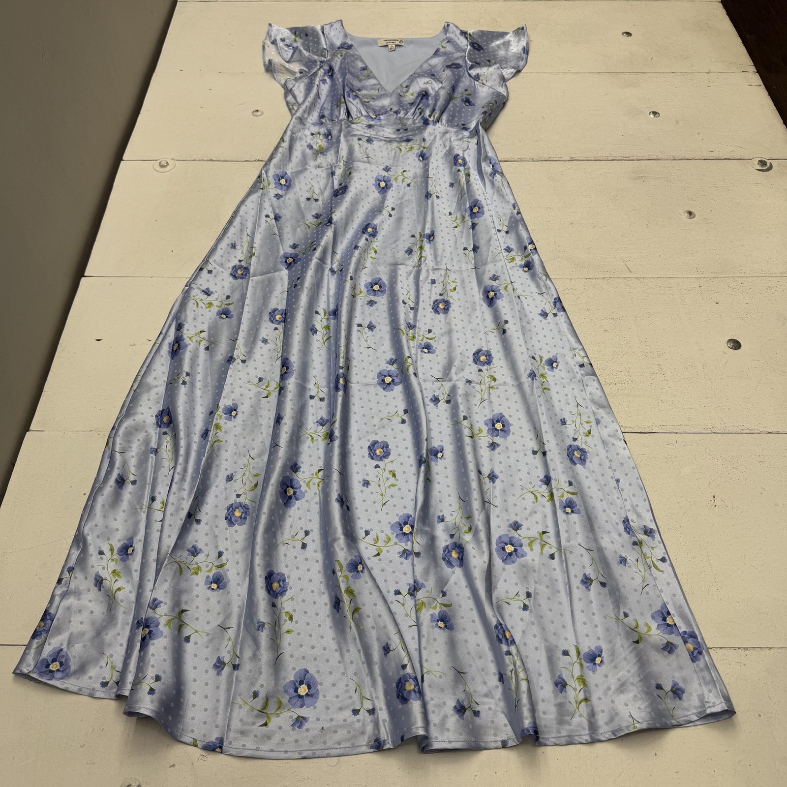 Old Navy Dress Womens M Tall Blue Floral Satin V Neck Maxi Flutter Sleeve