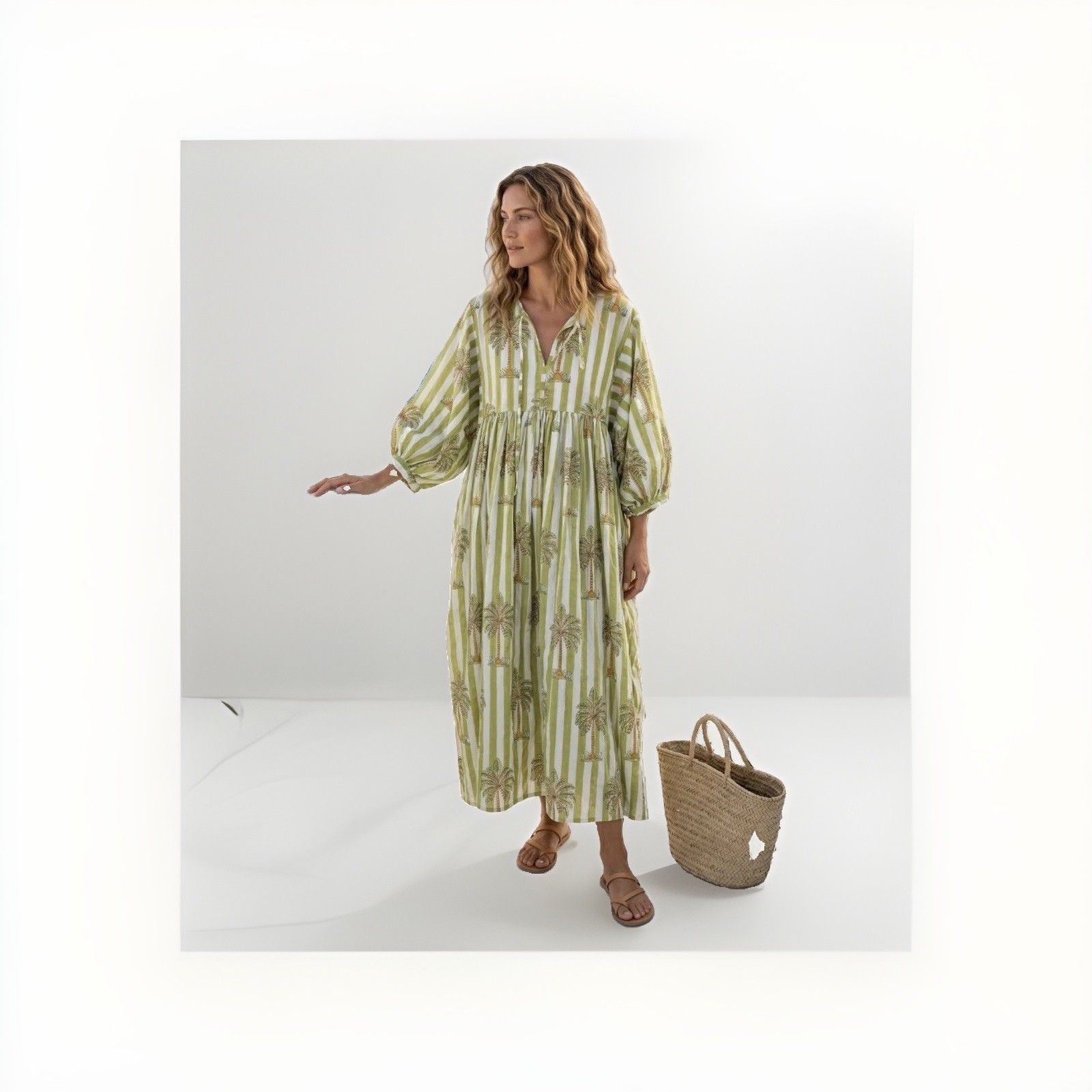Handmade Blue Striped Cotton Maxi Dress, Boho Balloon Sleeve Dress Good Quality