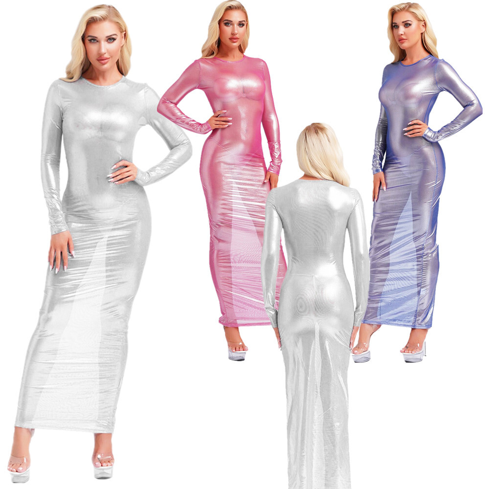 US Womens See Through Long Sleeve Maxi Dress Bodycon Lingerie Dress Clubwear