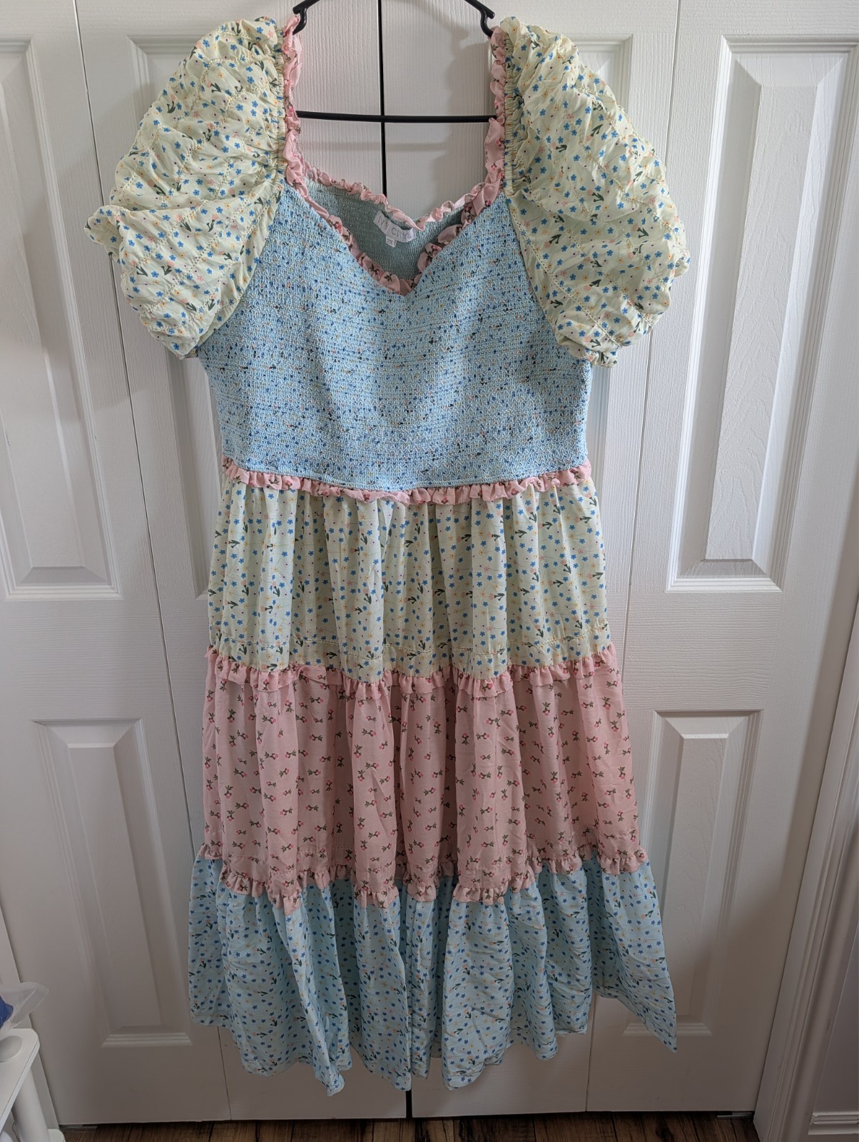 Ivy City Co Pastel Floral Tiered Smocked Midi Dress Puff Sleeve Cottagecore 2X