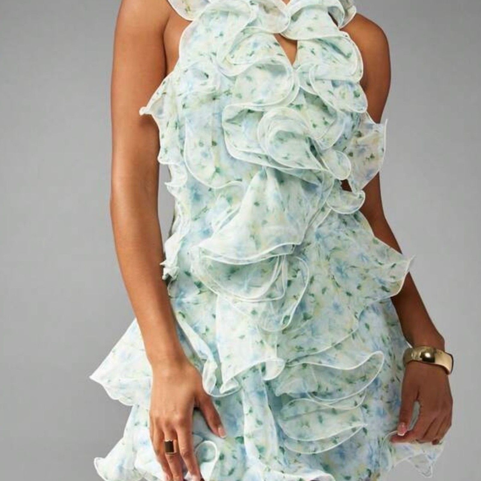 SHEIN NWOT Mint Green Floral Ruffle Mini Dress XS Sleeveless Tiered Organza