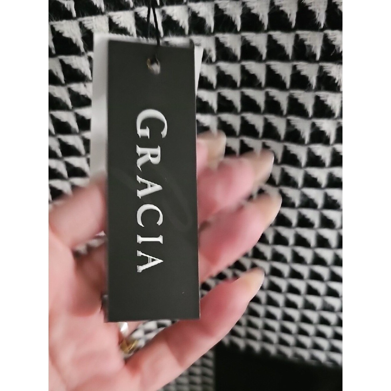 Gracia Black and White Geometric Shift Dress with Faux Leather Trim