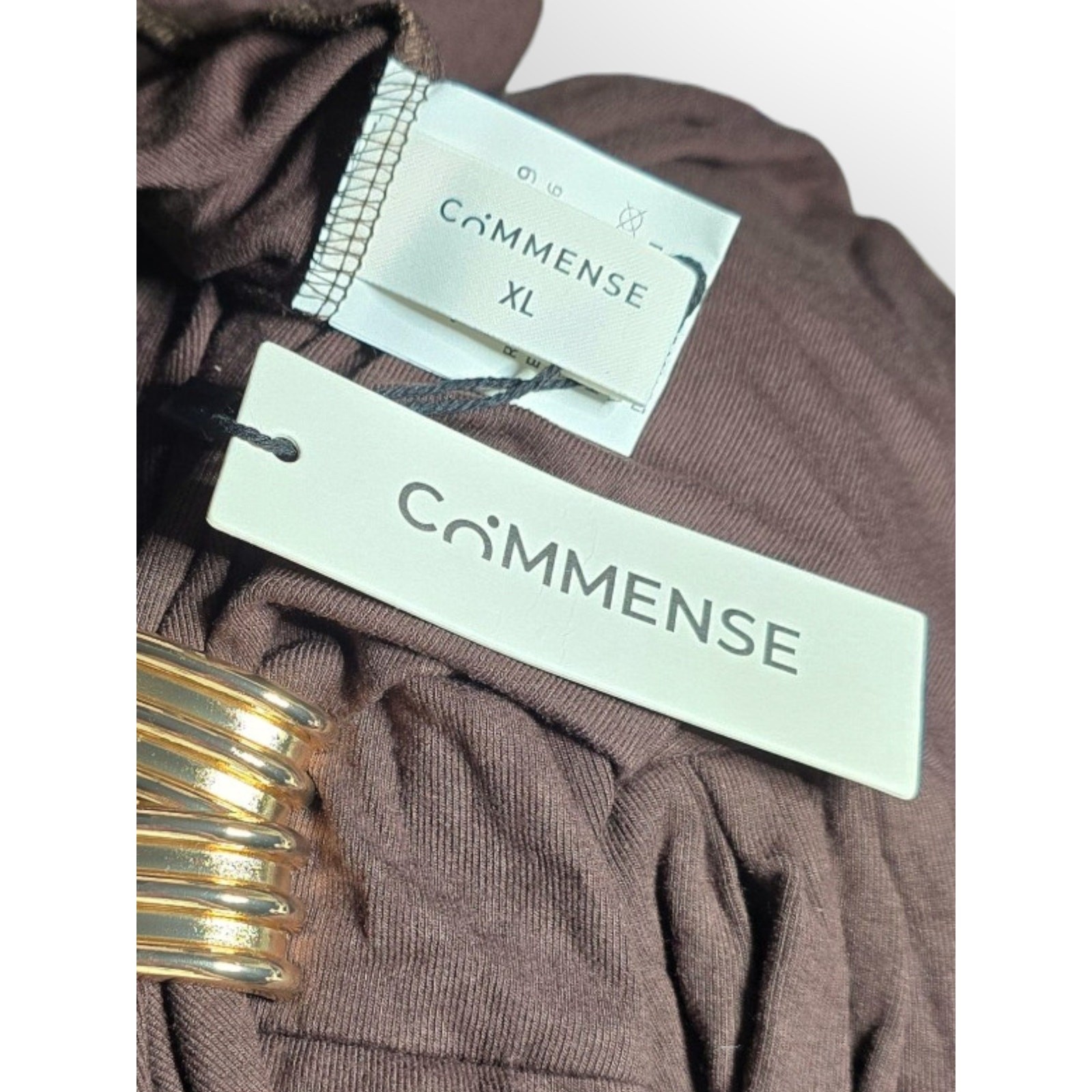 Commense Brown Ruched Maxi Dress Metal Buckle Sleeveless XL Modern Chic Elegant