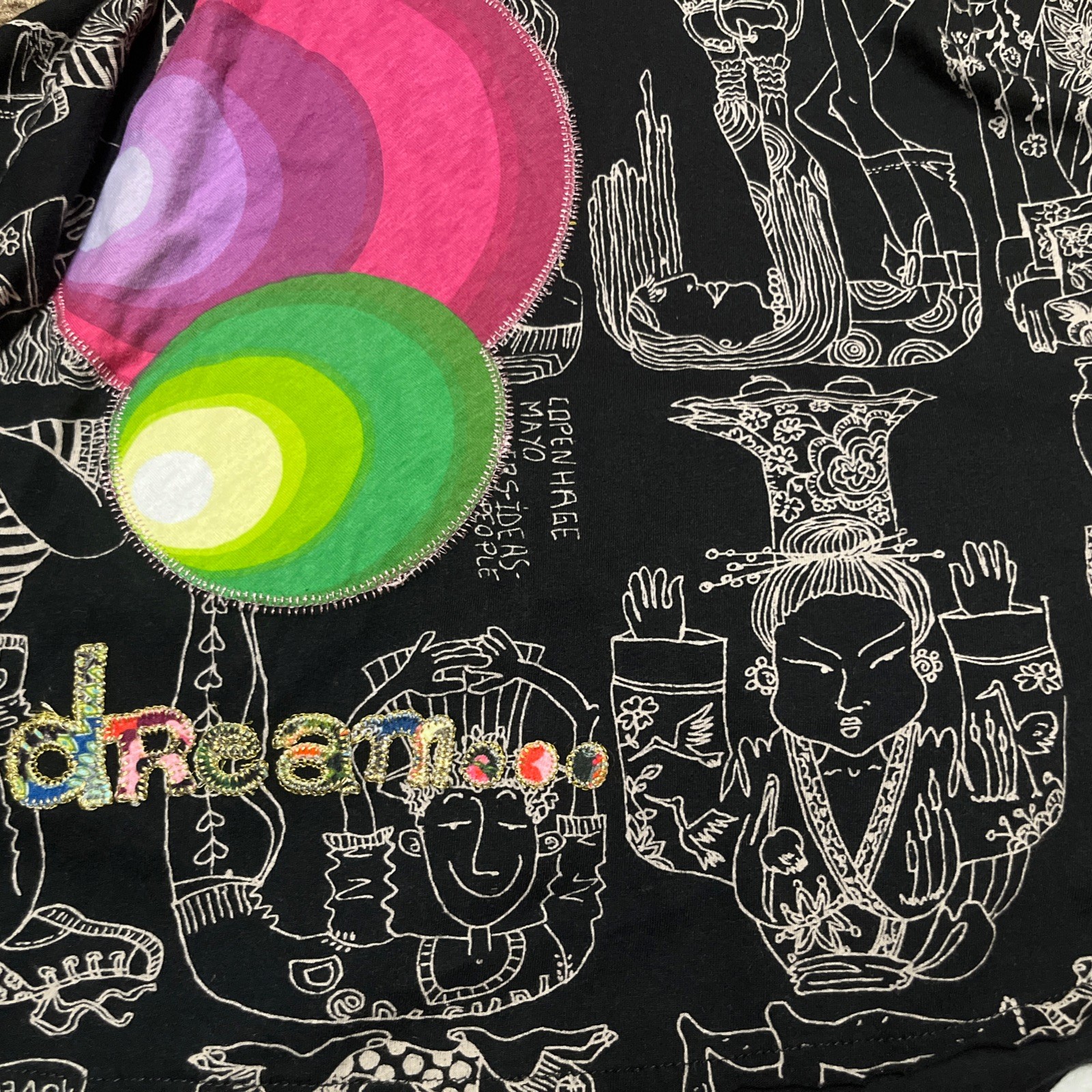 Desigual Art Print Dress Size Small Black Graphic Asymmetrical Sleeve Boho