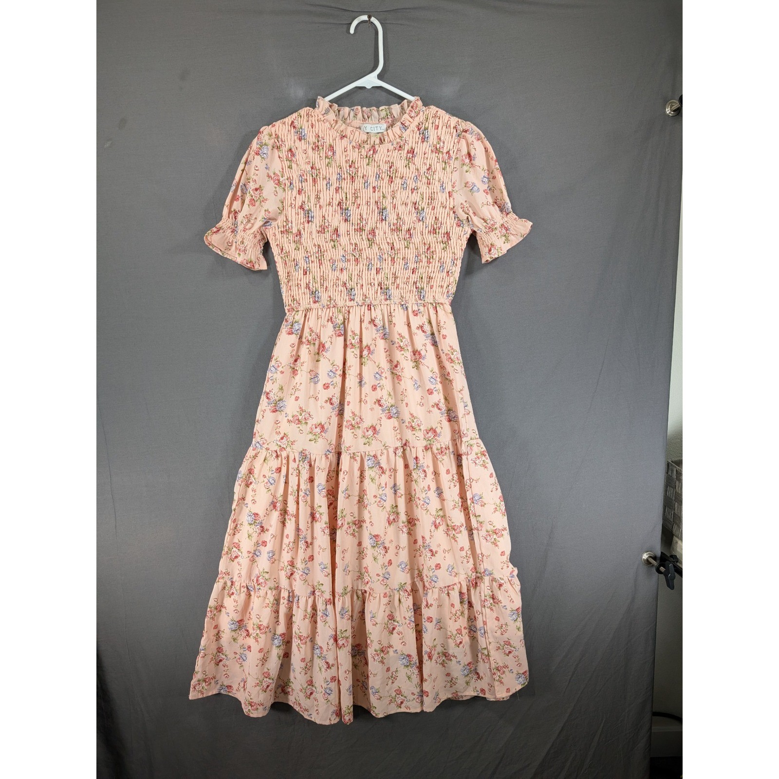 Ivy City Co Pink Floral Smocked Tiered Midi Dress XS Ruffle Mock Neck