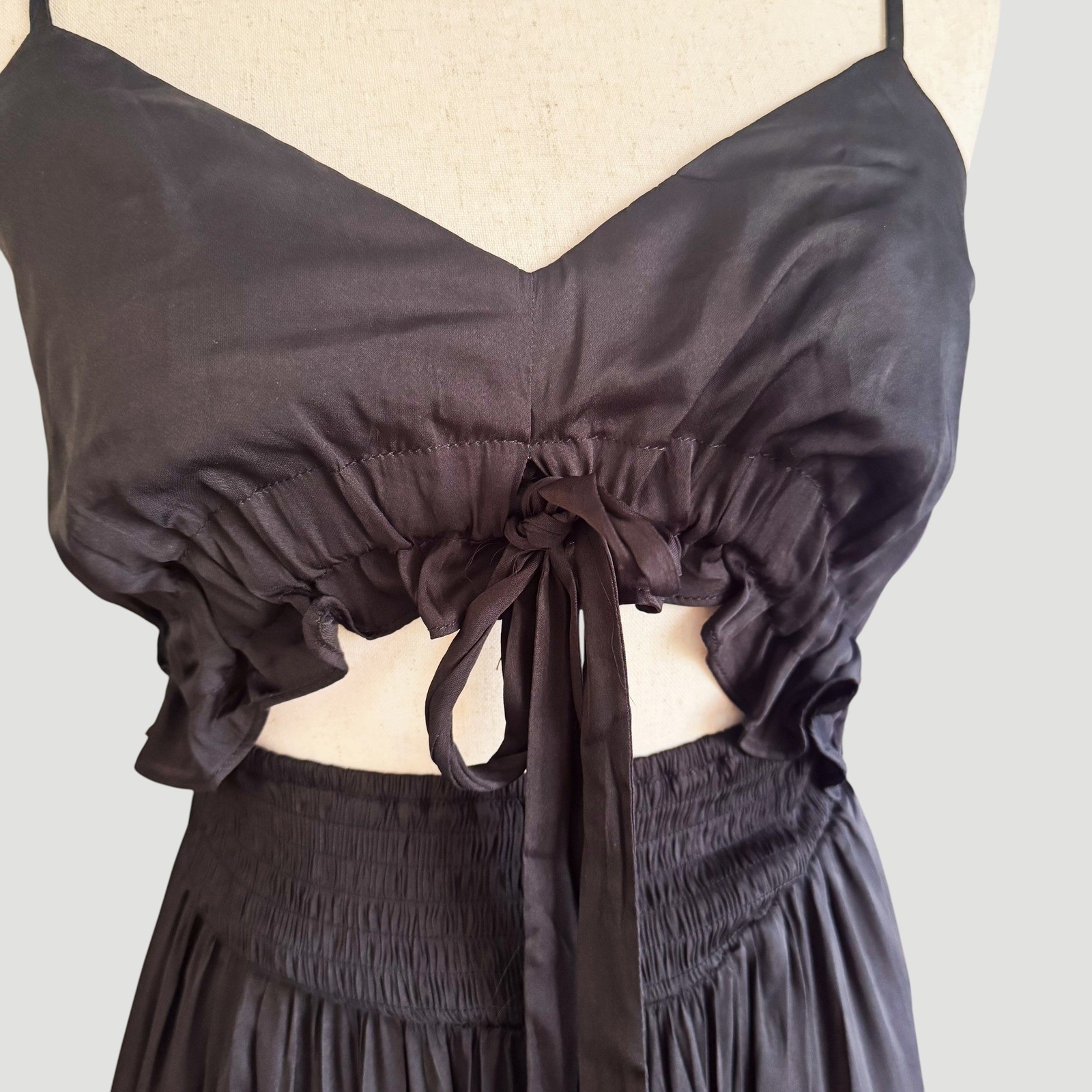 Boho Chic Goth summer Flowy Black Tiered Maxi Dress Cutout Tie Front Small NWT