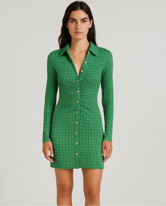 Free People Shayla Green Blue Long Sleeve Button Down Mini Shirt Dress Size S