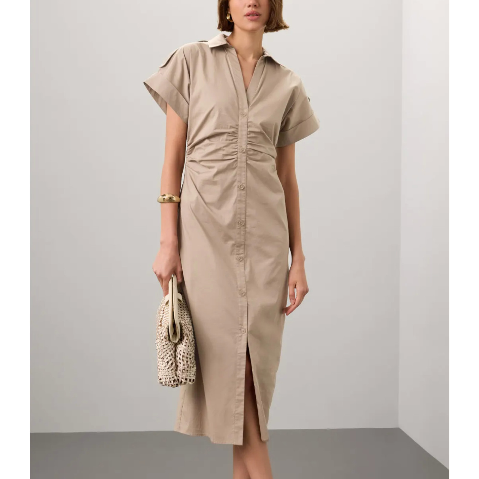 Saunders Khaki Beige Midi Shirt Dress SIZE 2 Ruched Career Cotton Designer $335