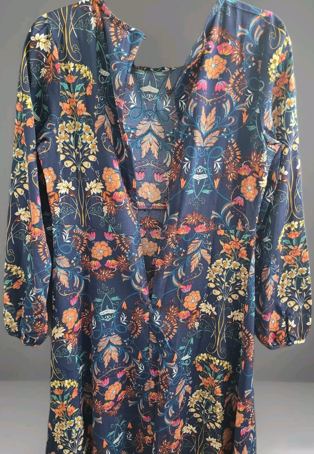 I. Madeline M Garden Splendor Navy Blue Floral Print Long Sleeve Midi Dress NEW