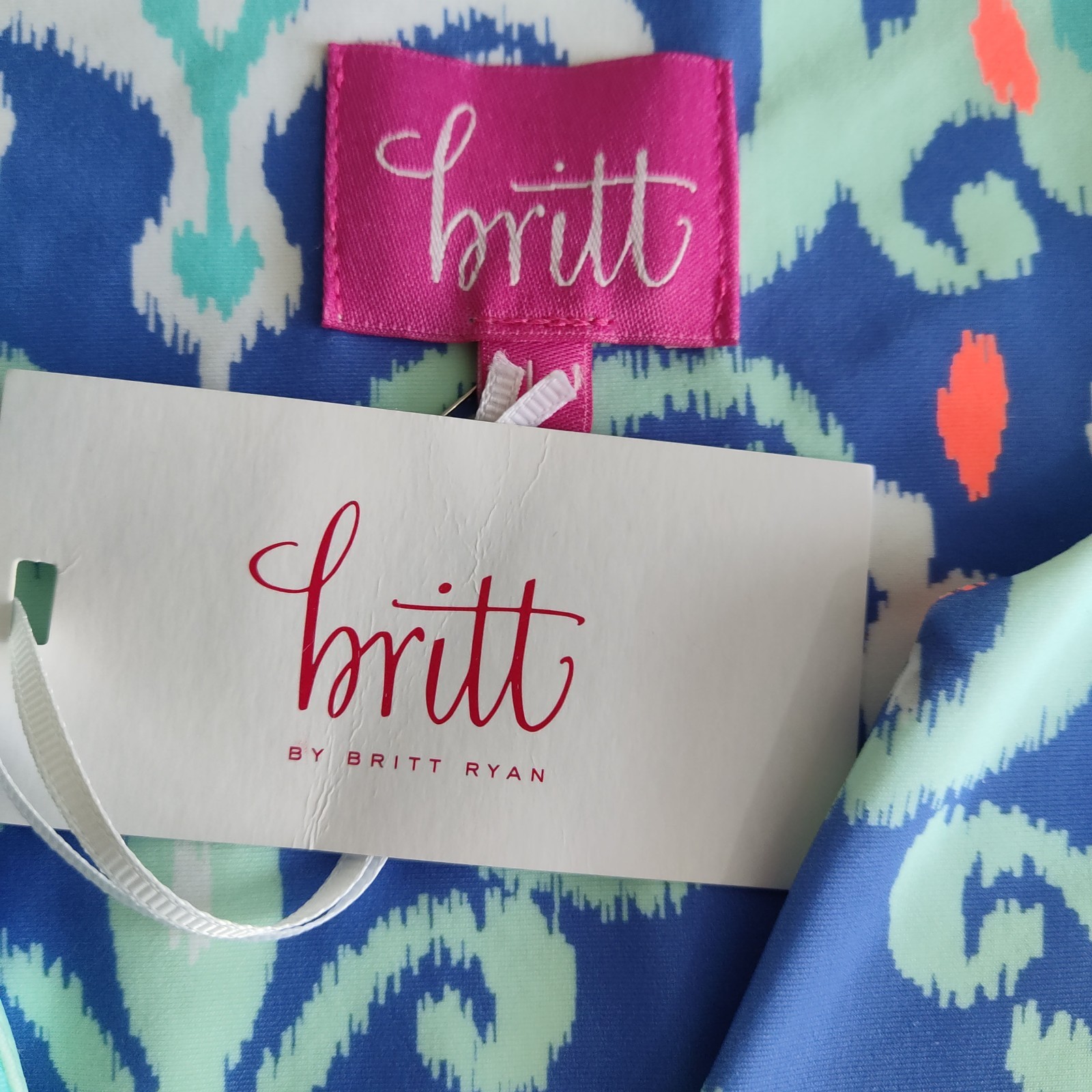 Britt Ryan Bohemian Print Pockets Nylon Spandex Stretch Mini Shift Dress Sz L