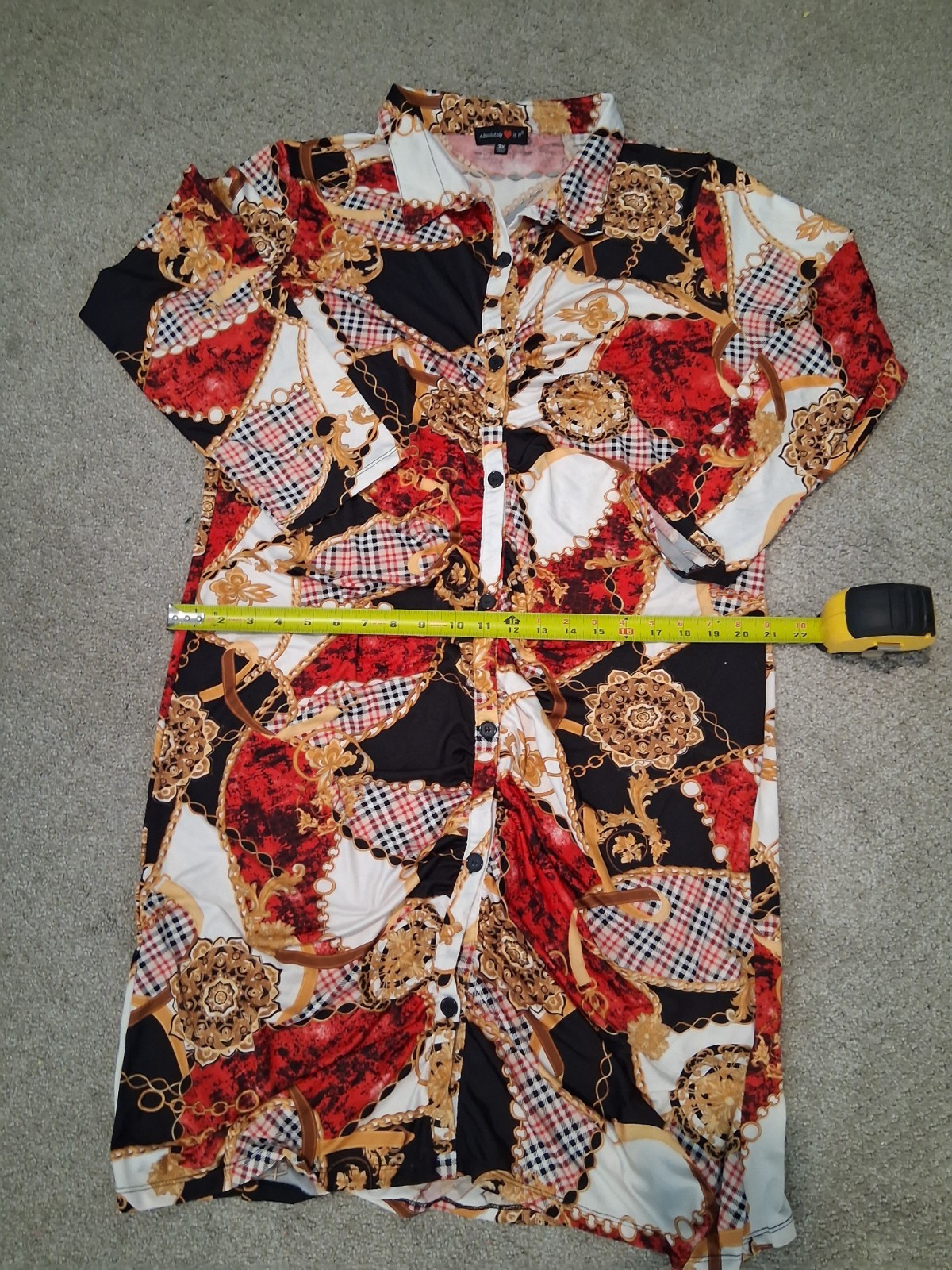 Absolutely Love It Baroque Chain Print Shirt Dress Ruched Plus Size 3X Red Gold
