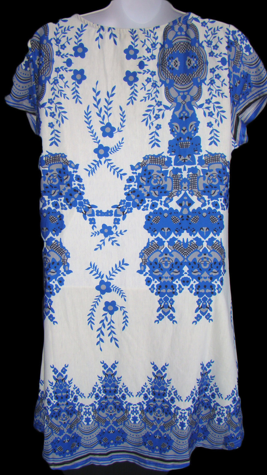 REBORN Size S Blue & White Handkerchief Print Stretch Rayon Dress NWT