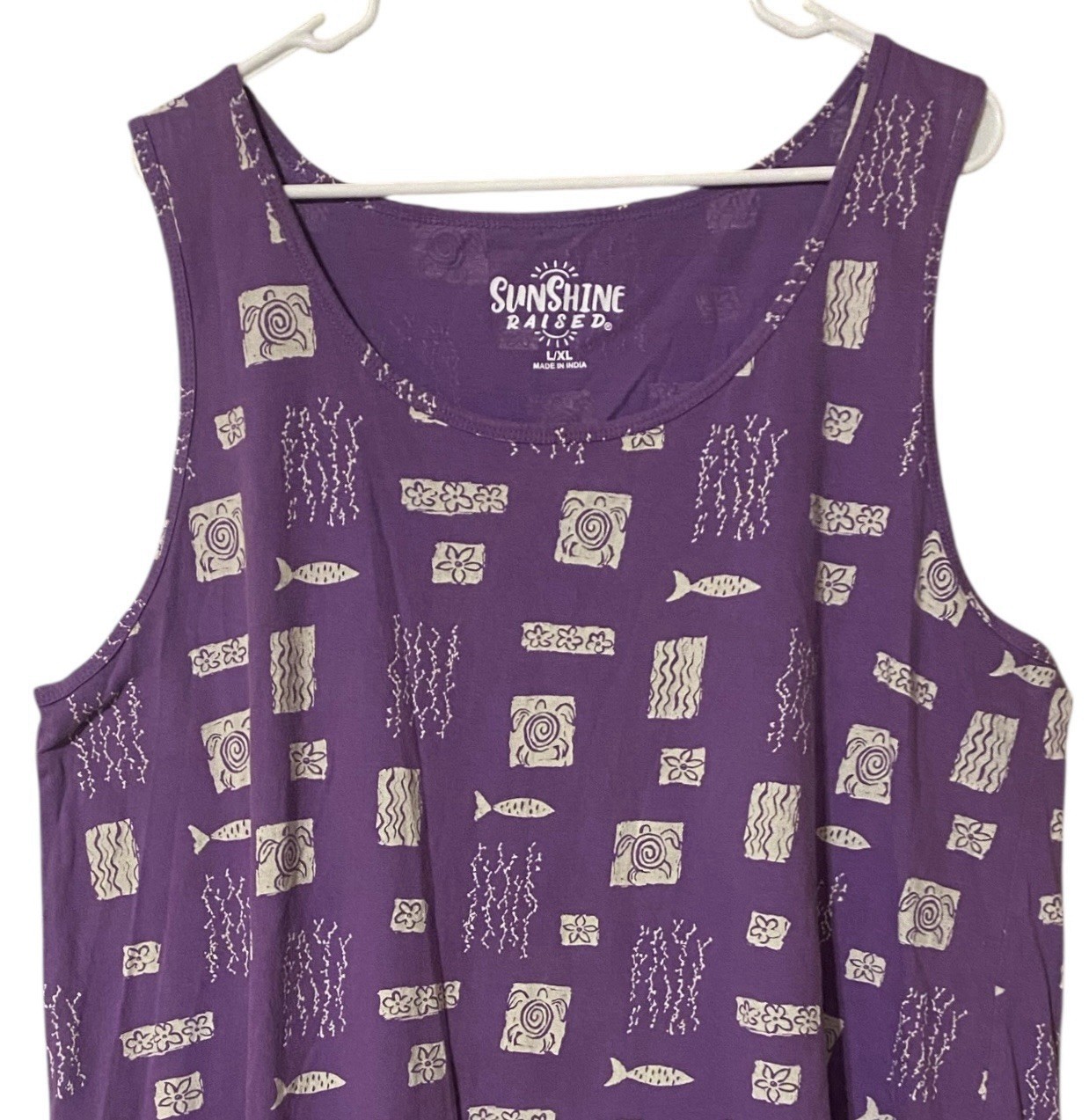 Sunshine Raised Novelty Fish Tunic Mini Dress L/XL Purple 100% Cotton Beach Girl