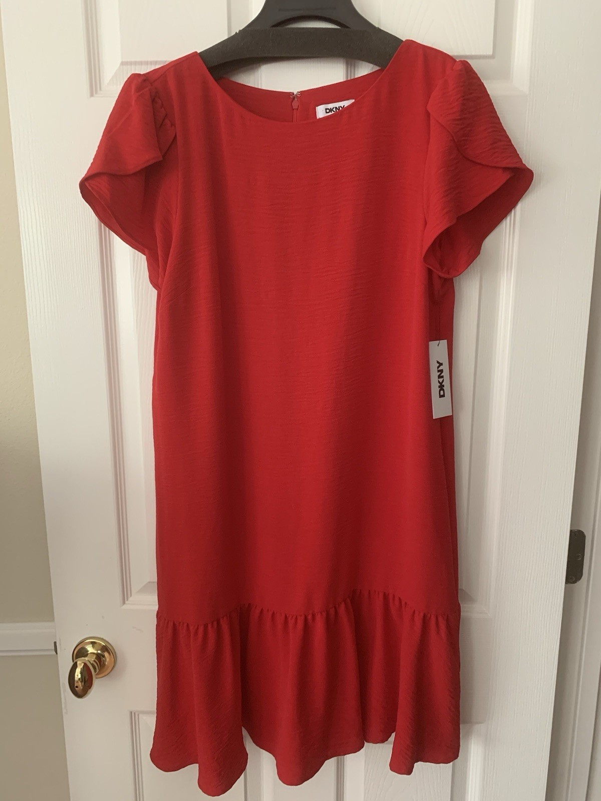 NWT DKNY Dress: Red, Crewneck, Short Sleeve, Ruffle at Hem, Knee Length, 8