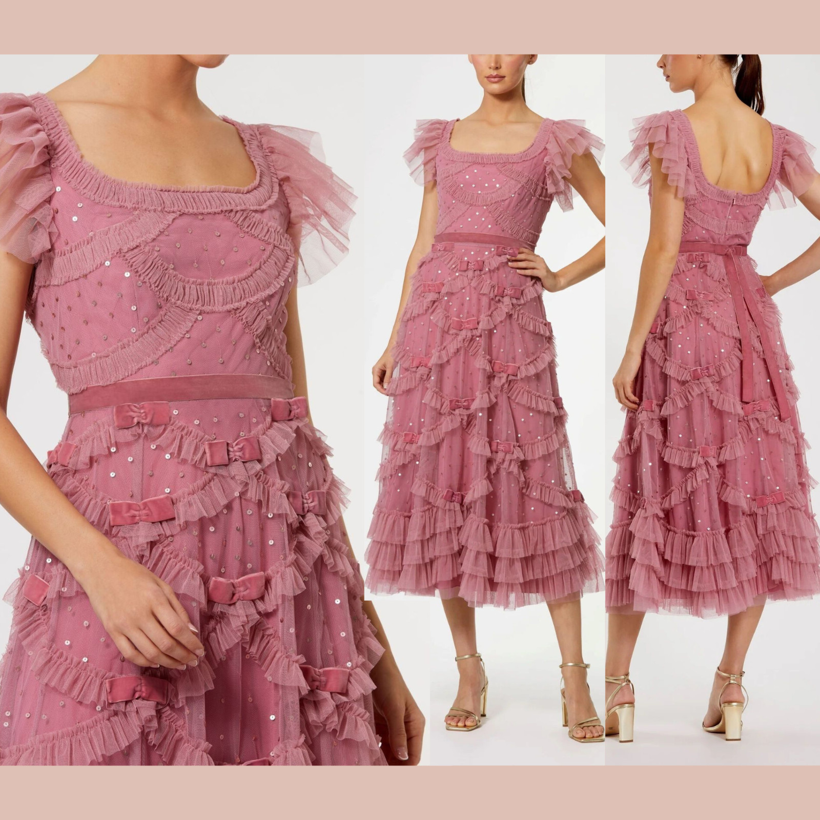 NWT Mac Duggal [ 4 ] 8272 Flutter Sleeve Lattice Bow Mesh Ruffle Mid Dress J2403