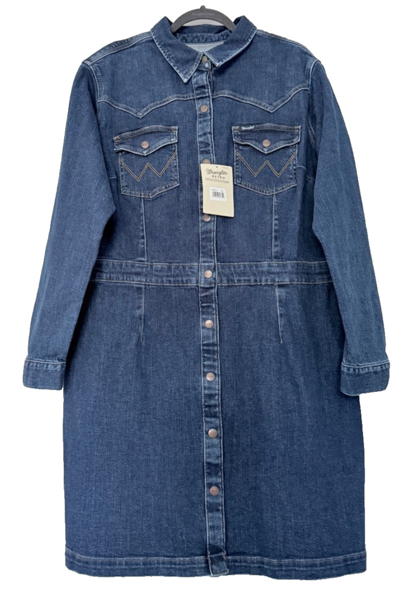 New Wrangler Retro Women’s Sz XXLBlue Denim Press Buttons Midi Shirt Dress