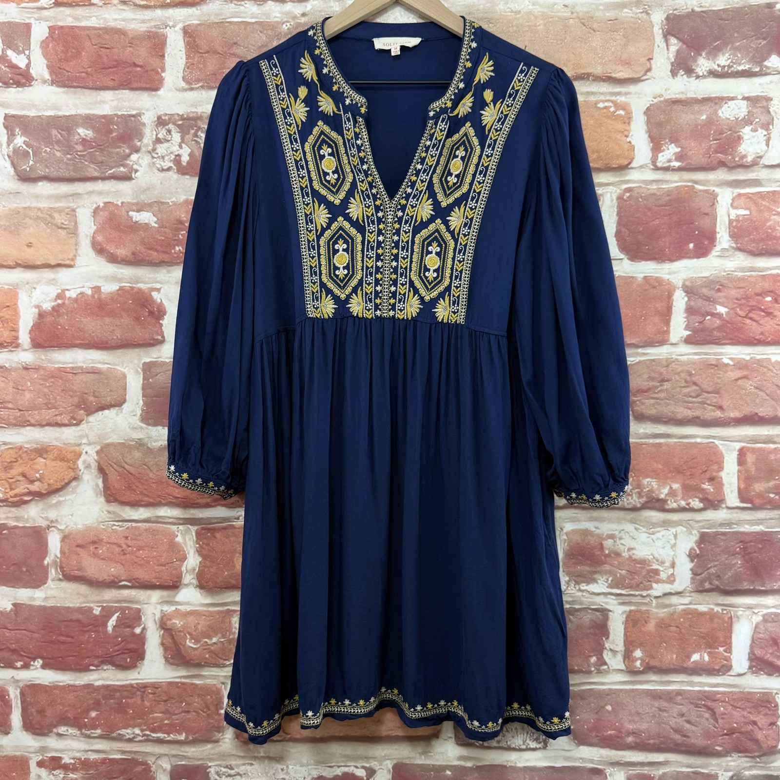 Anthropologie Solitaire Dress Womens M Blue Boho Floral Peasant Embroidered