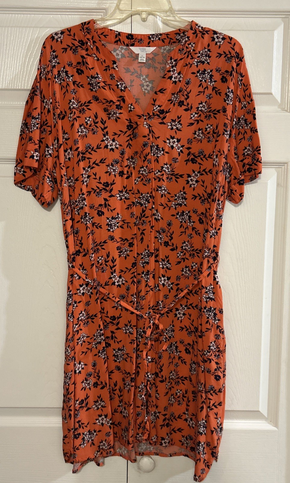 Time and Tru Women’s Orange Floral Cuffed Sleeve Dress L (12-14) Pockets Belt